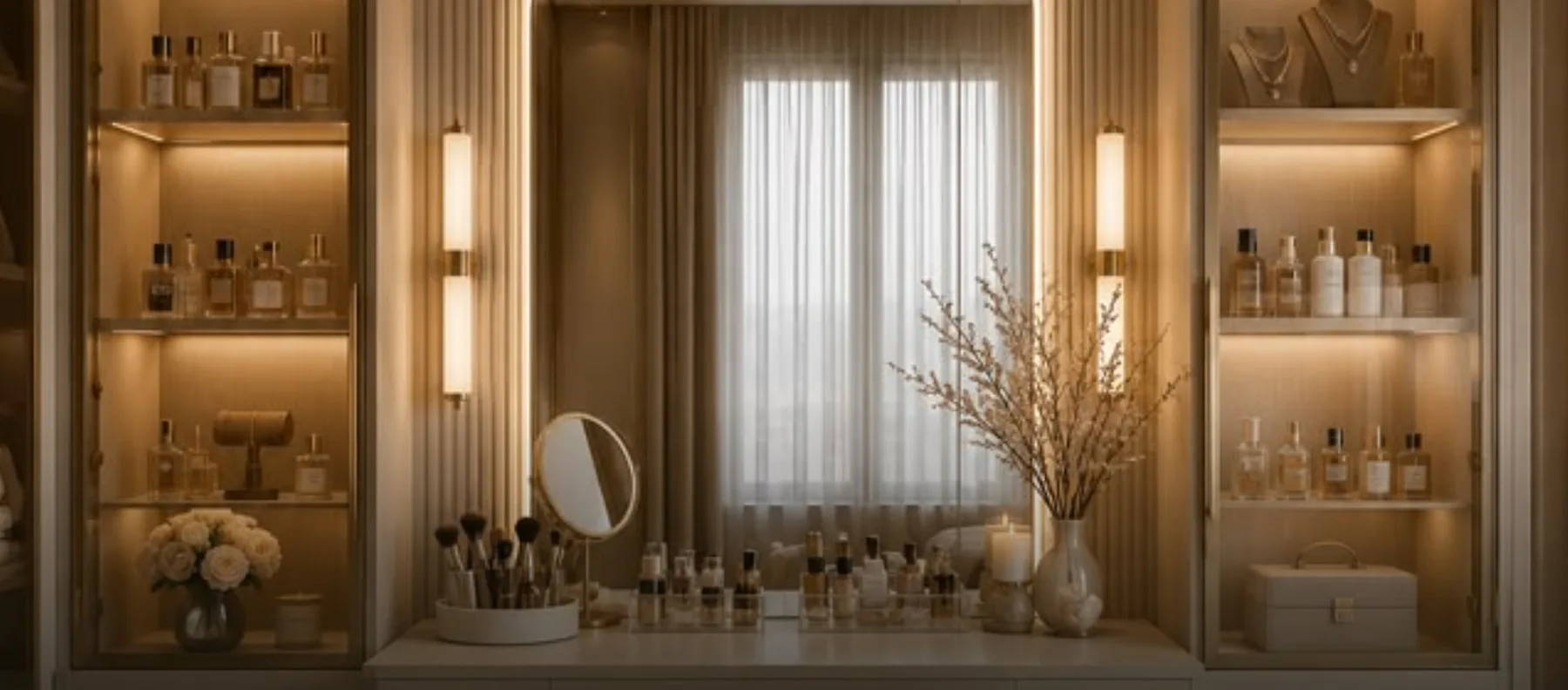 Coiffeuse encadrée de vitrines lumineuses