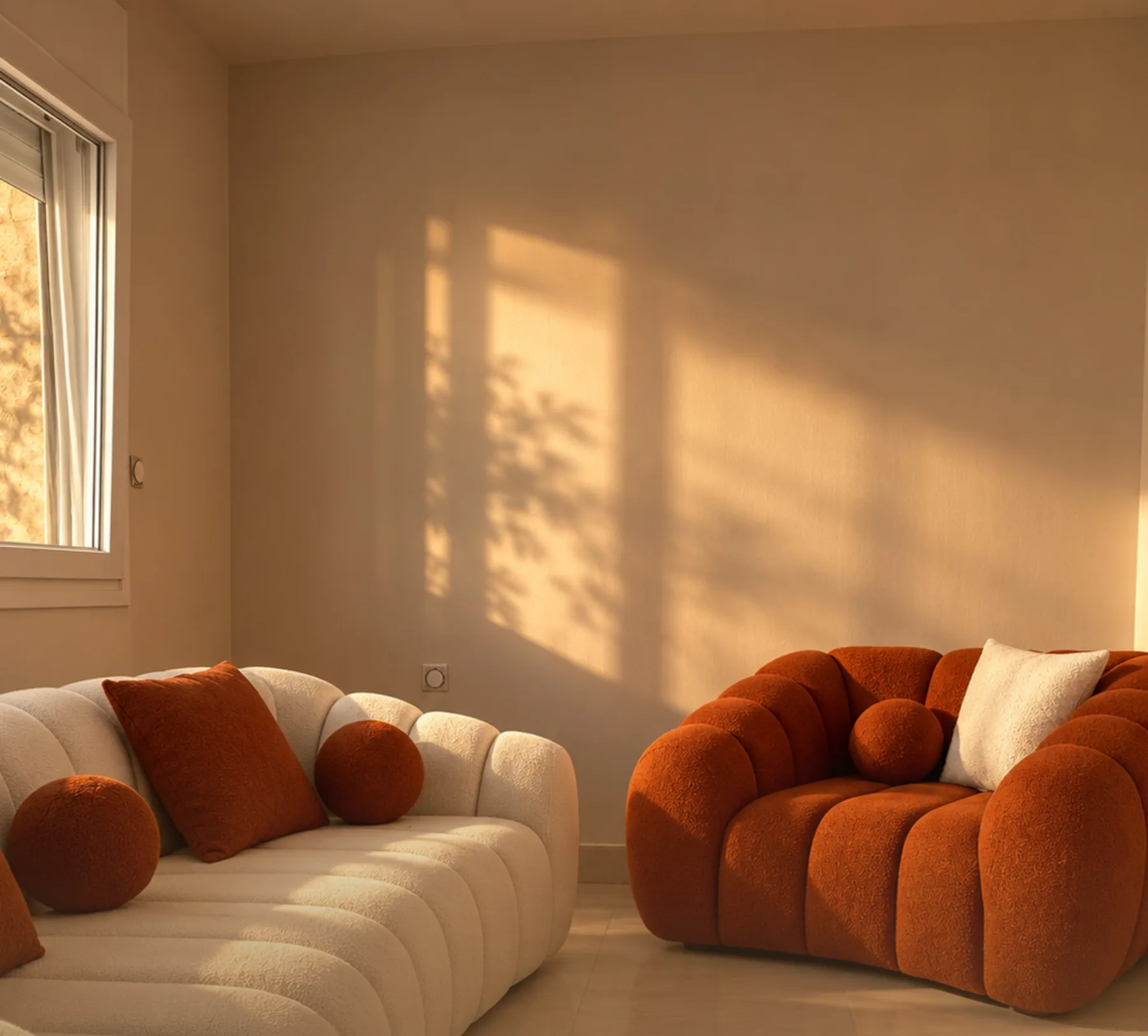 Canapé bouclé ivoire et fauteuil terracotta dans la lumière du soir
